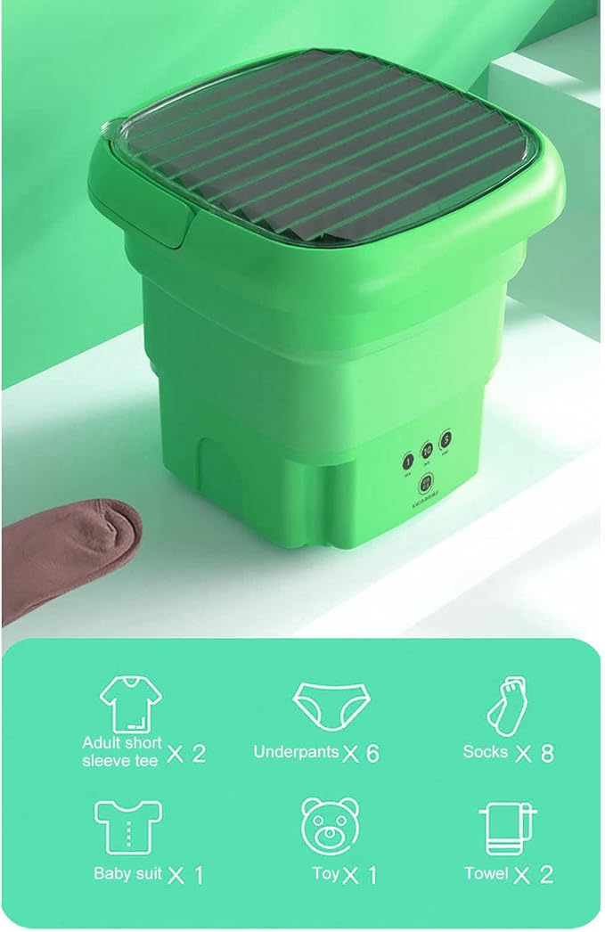 Portable Washing Machine | Mini Foldable Bucket Washer & Dryer Combo | Small Washer with Soft Spin Dry & Drainage Pipe for Underwear, Socks, Baby Clothes, Apartment, Dorm, Laundry (Green) Image