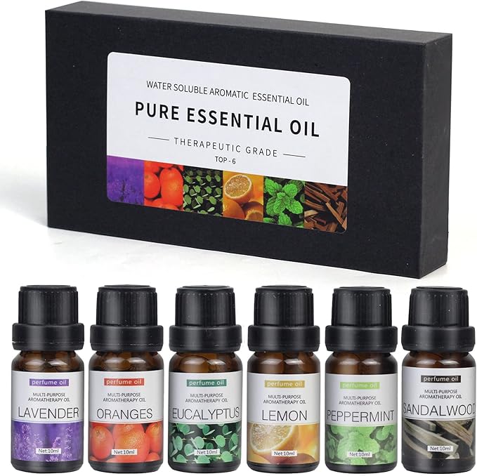 6-Pack Essential Oils Set - 10mL Bottles, Water Soluble Aromatherapy Oils for Diffusers, Humidifiers, and Relaxation - Includes Sandalwood, Sweet Orange, Lavender, Eucalyptus, Lemon, and Mint - Premium Aromatherapy Essential Oil Suit for Wellness & Calming Effects Image