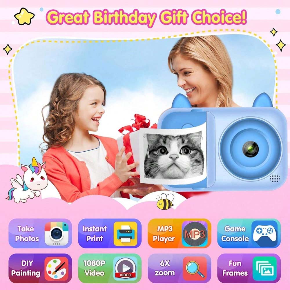 Kids Instant Print Camera - 1080P Digital Camera for Children 3-12 with Photo Papers (Blue, No Card Included) Image