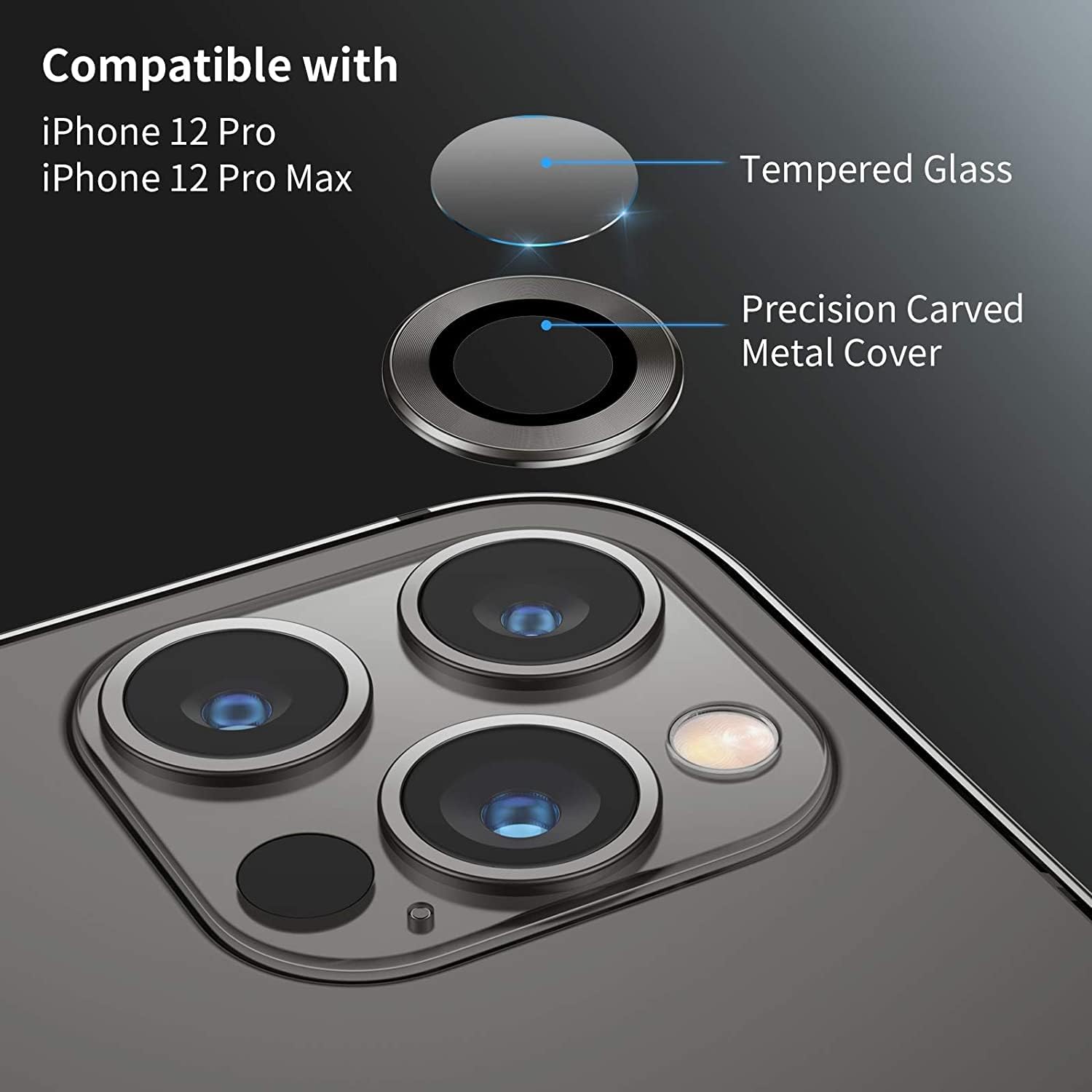 Camera Lens Protector for iPhone 13 Pro (6.1") and iPhone 13 Pro Max (6.7") – 9H Tempered Glass, Metal Individual Ring Cover, HD Clear, 1 Set Image