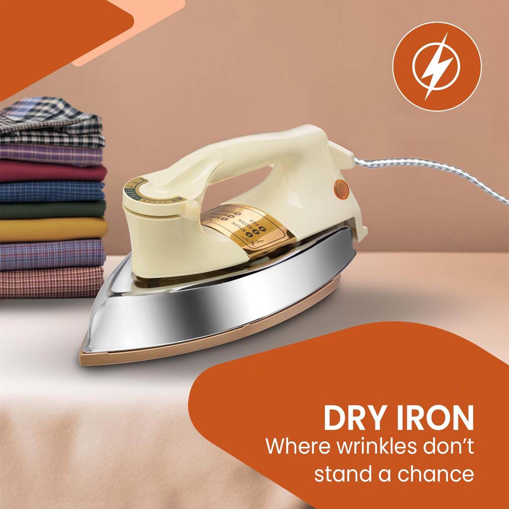 OE-21 Dry Iron with Teflon Coating. Suitable for all fabrics, ensuring smooth, scratch-free ironing. White and golden design. Image