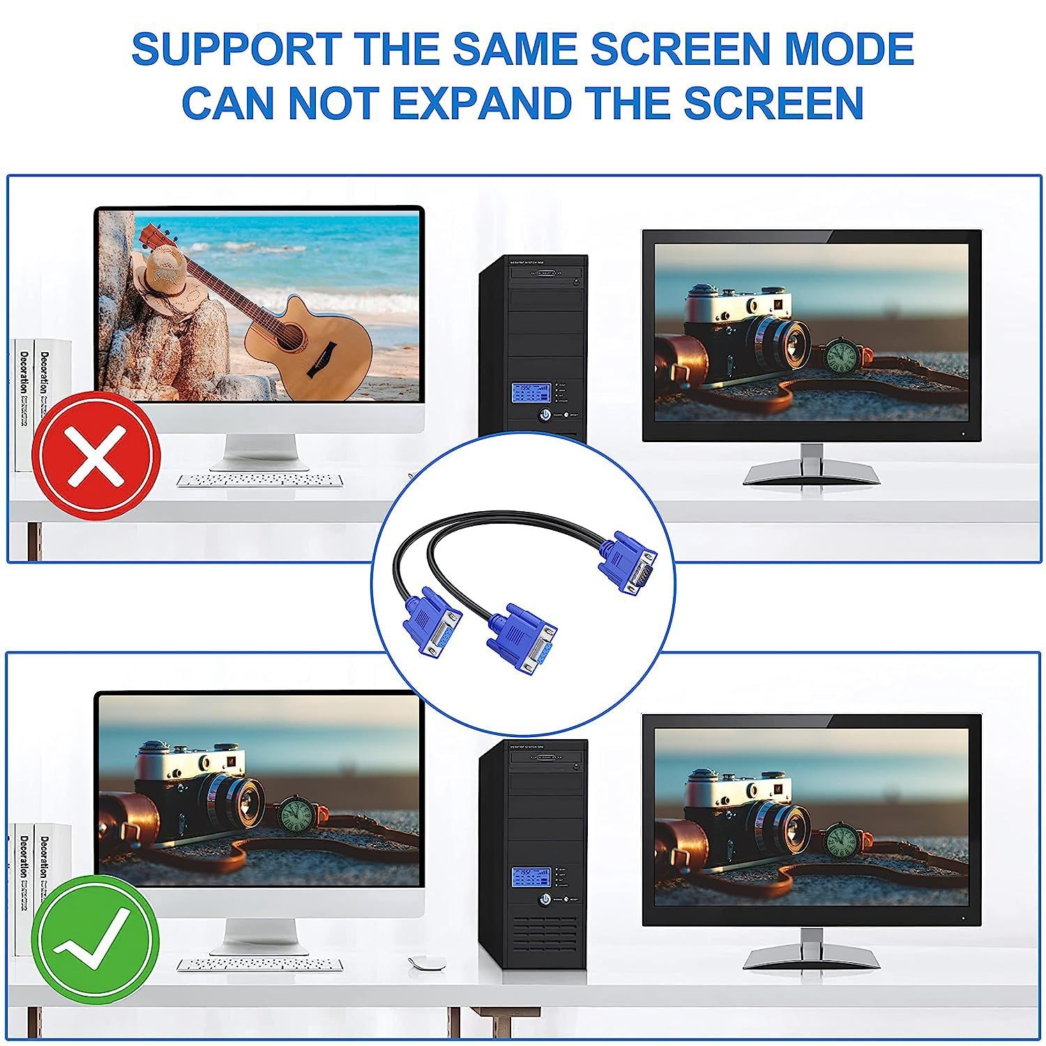 Dual VGA Splitter Cable: 1 Male to 2 Female Adapter for Dual Monitor Screen Duplication, High-Quality VGA Y Cable for PC, Laptop, and More. Image