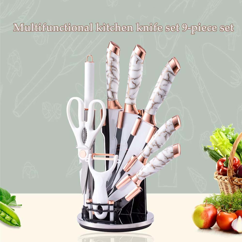 9-Piece White Kitchen Knife Set Ultra-sharp non-stick blades with cracked handle design & acrylic stand. Perfect gift set. Image