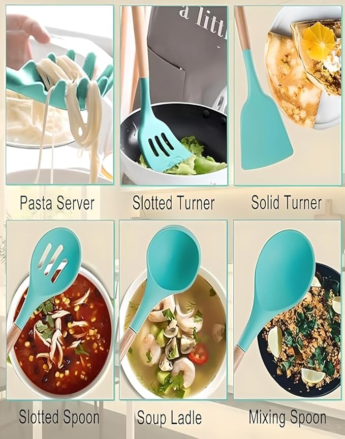 19-Piece Silicone Cooking Utensils & Knife Set with Block | Includes 11 Silicone Utensils, 5 Stainless Steel Knives, Scissors, Cutting Board | Teal Image