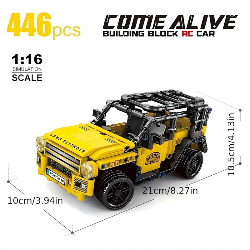 Come Alive 1:16 Scale RC Land Defender Rover. 446-piece DIY building kit with remote control. STEM engineering toy for kids. Image