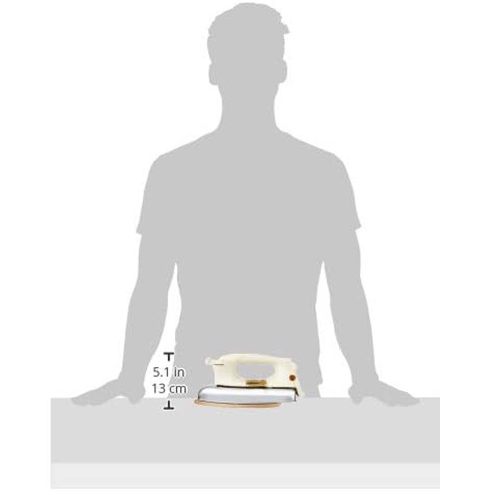 OE-21 Dry Iron with Teflon Coating. Suitable for all fabrics, ensuring smooth, scratch-free ironing. White and golden design. Image