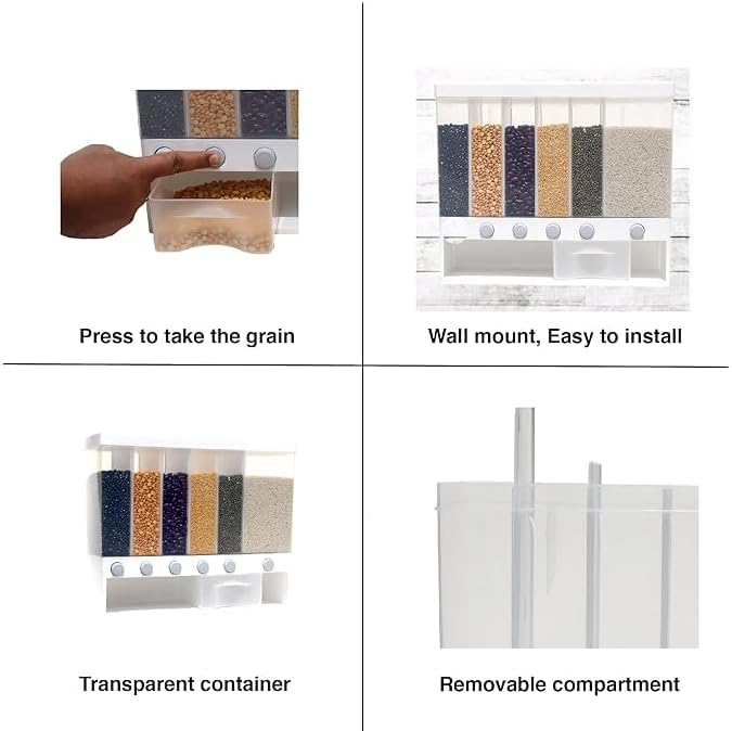 Wall Mounted Cereal Food Dispenser – 6-Section Space-Saving Kitchen Storage for Cereals, Pulses, and More Image