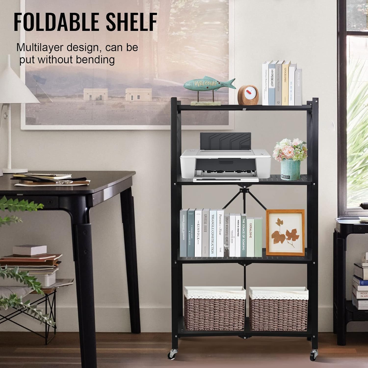 4-Layer White Mobile Folding Kitchen Storage Rack – No-Installation, Thickened Multi-Purpose Shelf (Black) Image