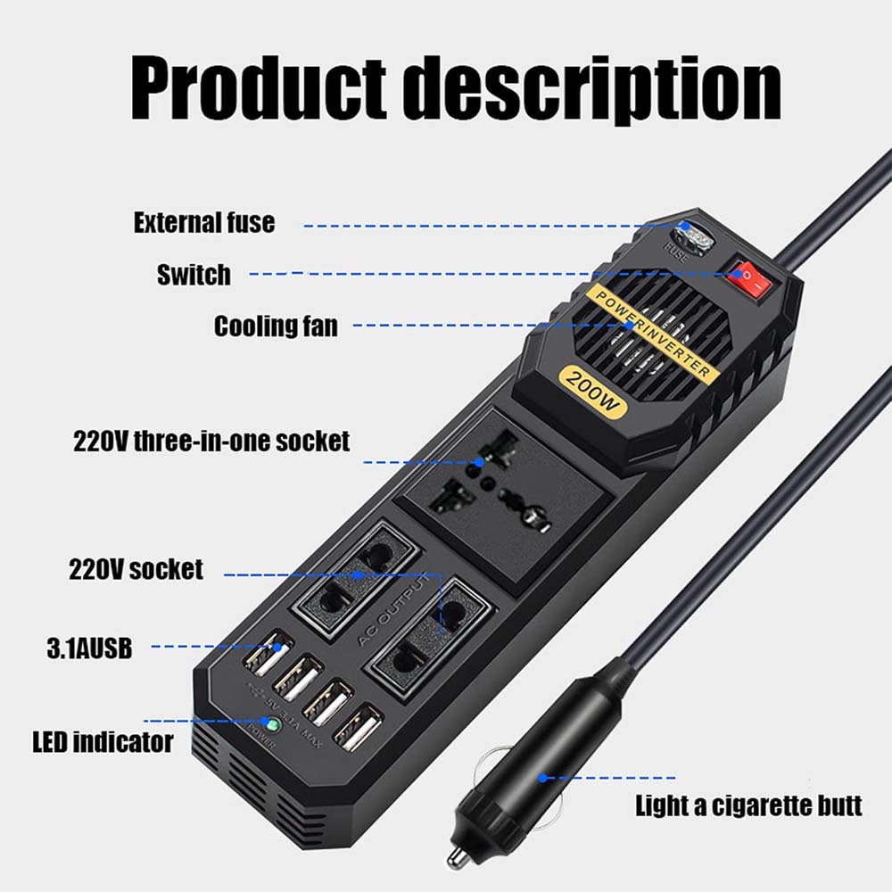200W Car Power Inverter - DC 12V to AC 220V Converter with 2 AC Outlets, 4 USB Ports & Cigarette Lighter Socket Image