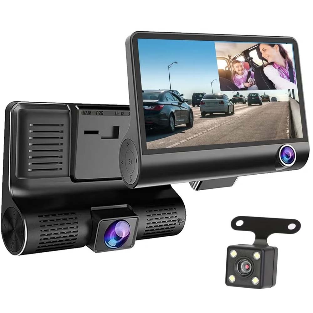 DX3618 3-Channel Car Dashcam. 4" HD display with front, rear & inside cameras. Loop recording, night vision & G-sensor. Image