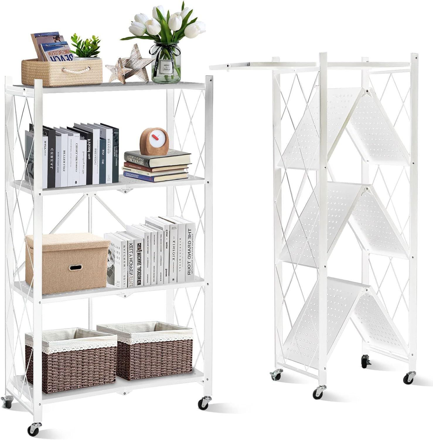 4-Layer White Mobile Folding Kitchen Storage Rack – No-Installation, Thickened Multi-Purpose Shelf (White) Image