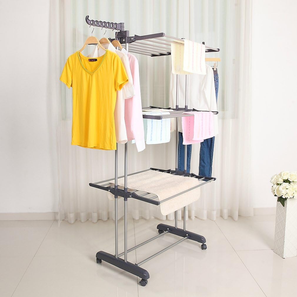 Foldable Rolling Laundry Drying Rack with Adjustable Shelves | Heavy-Duty Stainless Steel Rods | Compact Storage | 4-Tier Adjustable Height & Portable Design Image