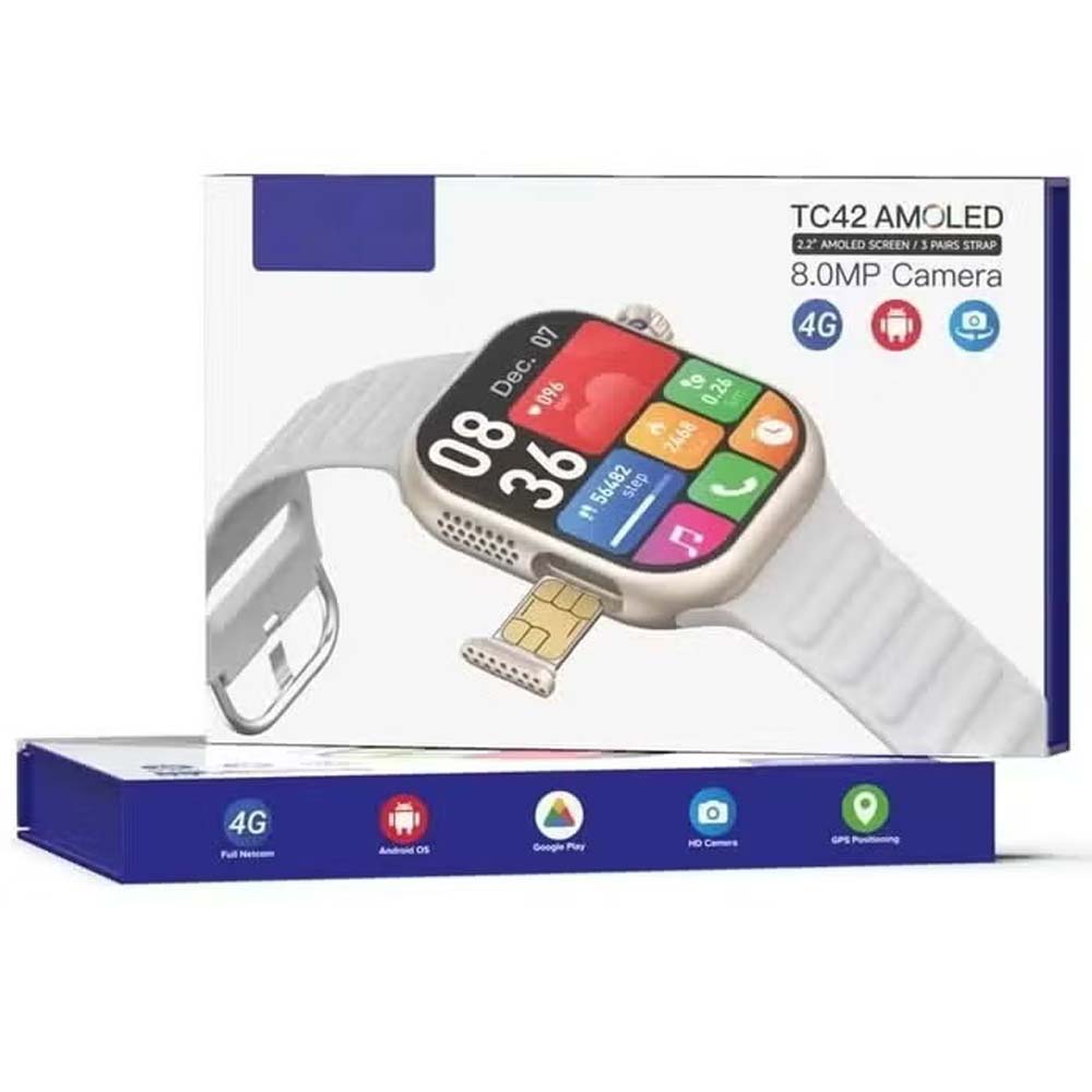 TC42 AMOLED 4G Smartwatch. 2.2" display, 8MP camera, SIM card slot. Unisex design with 3 straps in silver. Image