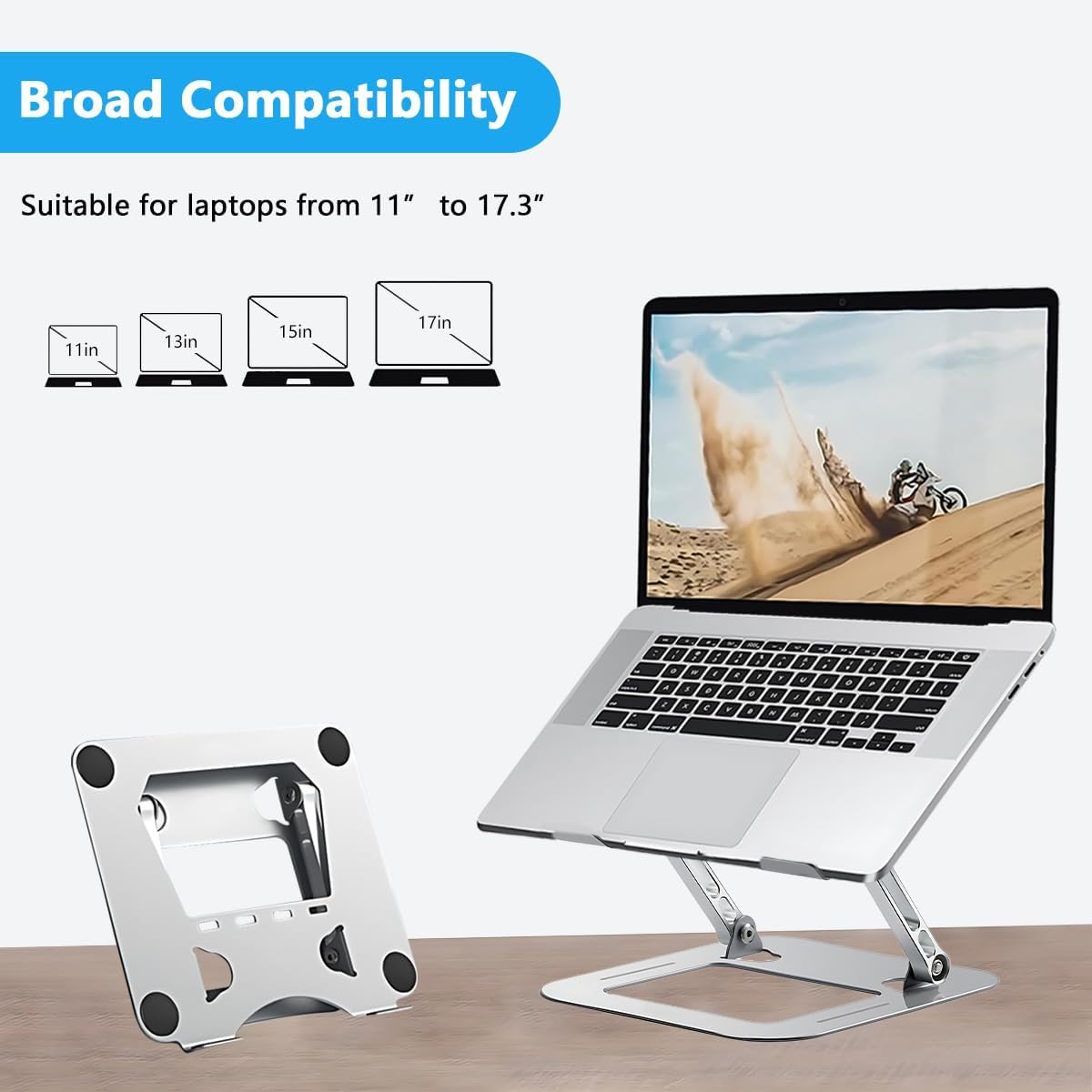 Adjustable Aluminum Laptop Stand - Ergonomic Foldable Riser for Desk, Notebook Computer Holder with Ventilation, Silver Image