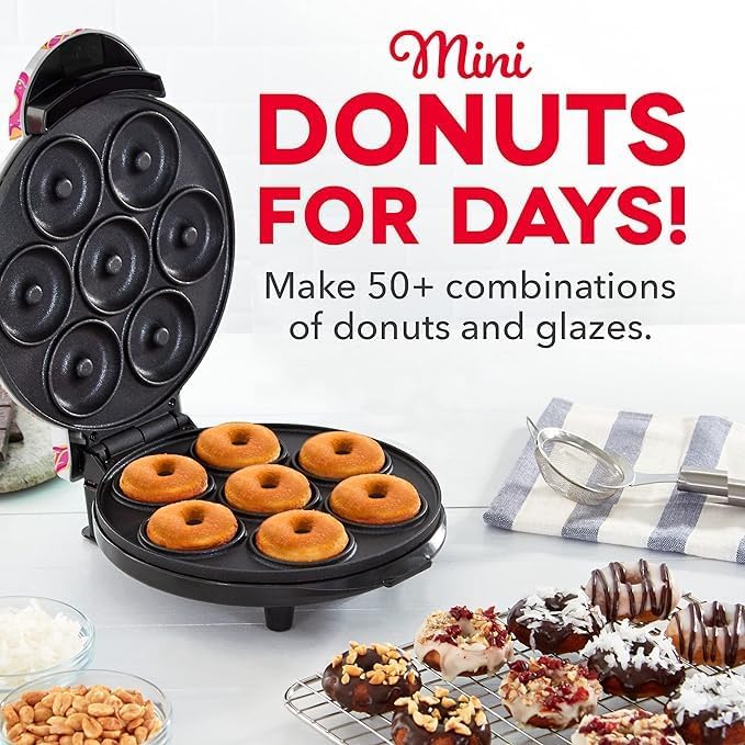 Mini Donut Maker Machine – Kid-Friendly Breakfast and Snack Maker with Non-Stick Surface, Delightful Donut Print Design, Makes 7 Doughnuts (Multi) Image