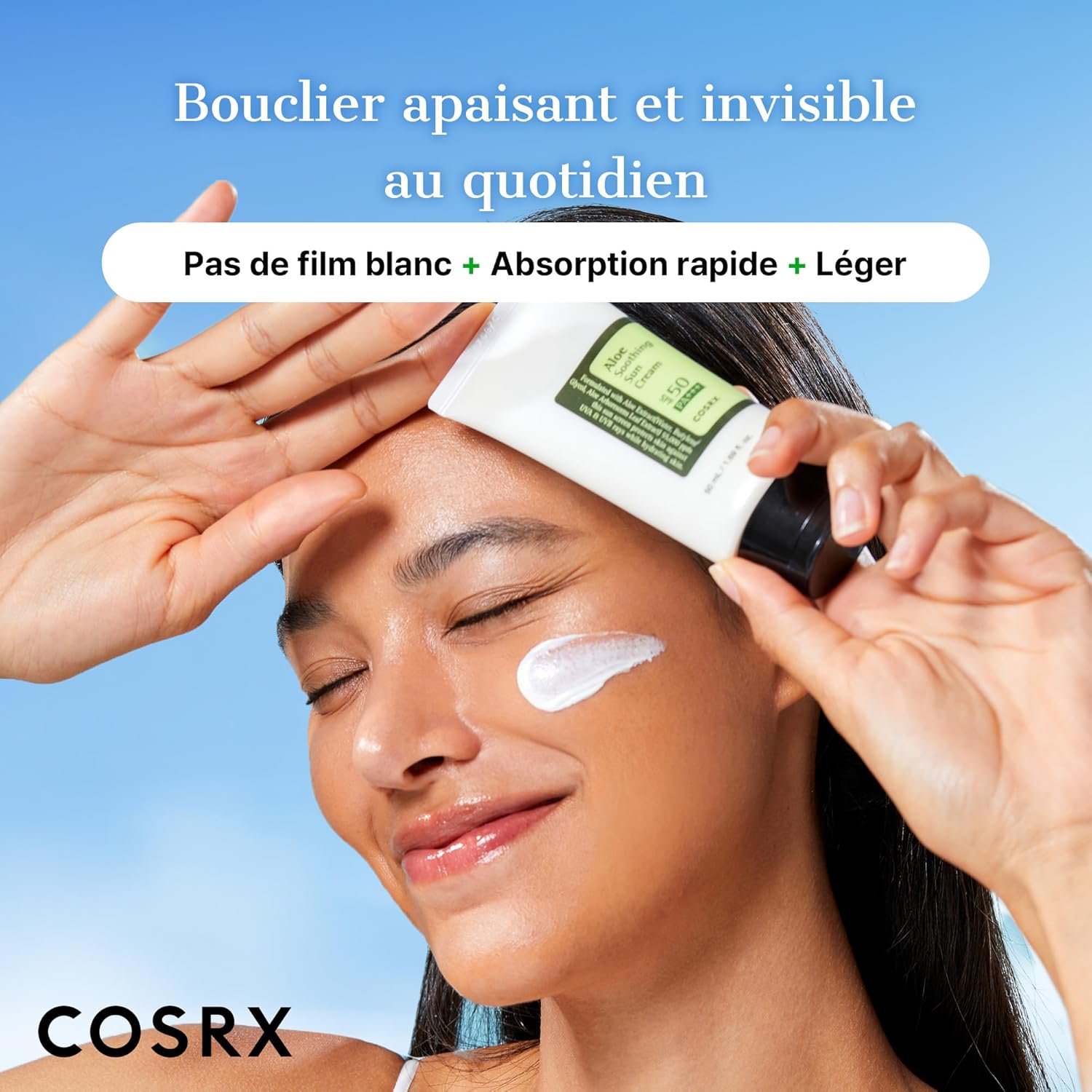 COSRX Aloe Soothing Sun Cream SPF50. Hydrating daily sunscreen for dry, sensitive skin. No white cast. UVA/UVB protection. Image