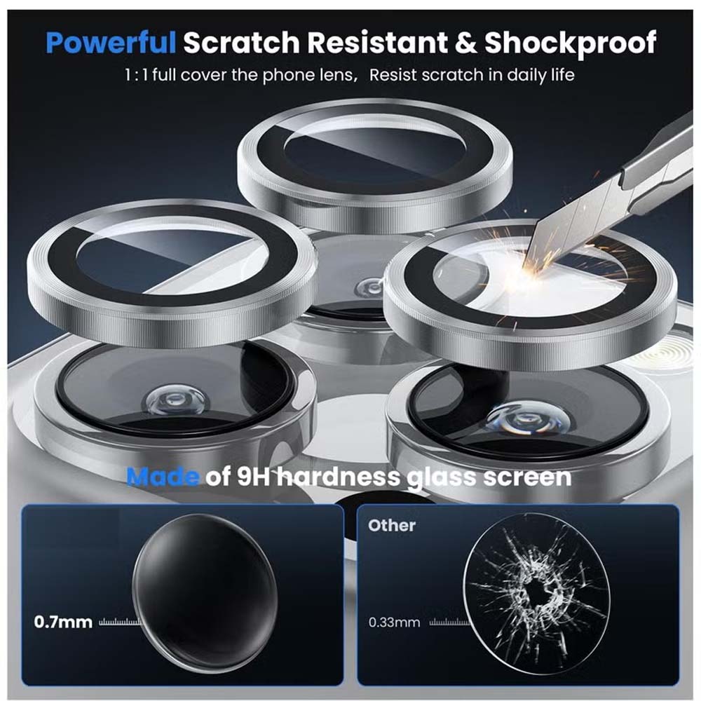 iPhone 14 Pro Max/15 Pro Camera Lens Protector - 3-Pack 9H Tempered Glass with Alloy Ring (Silver Titanium) Image