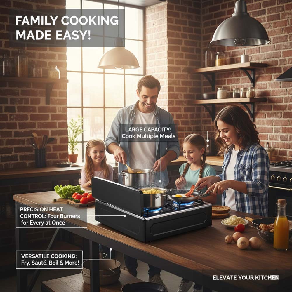 OE-441 European 4-Burner Gas Stove. Sabaf burners, pulse ignition & cast iron pan supports. For home & outdoor use. Image