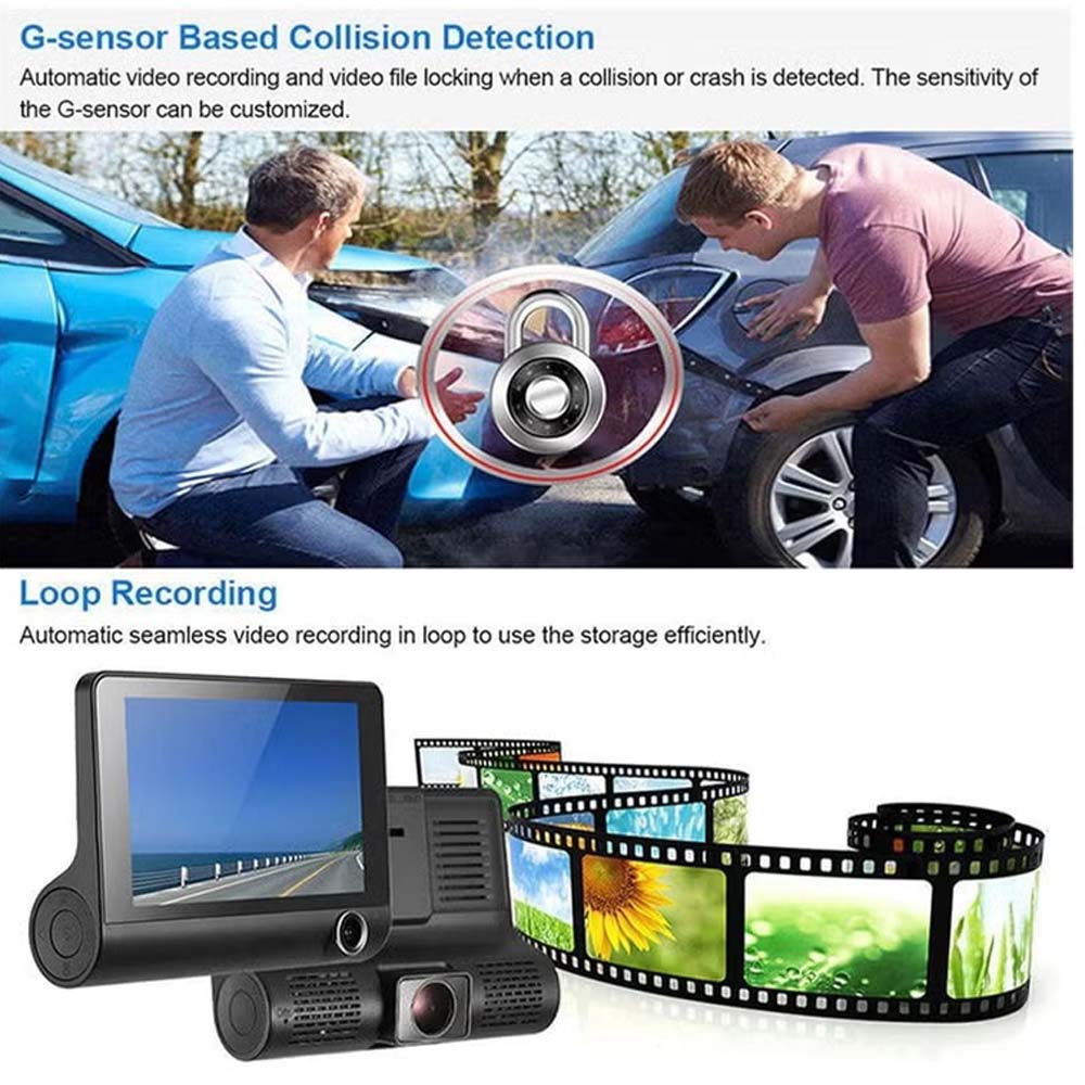 DX3618 3-Channel Car Dashcam. 4" HD display with front, rear & inside cameras. Loop recording, night vision & G-sensor. Image
