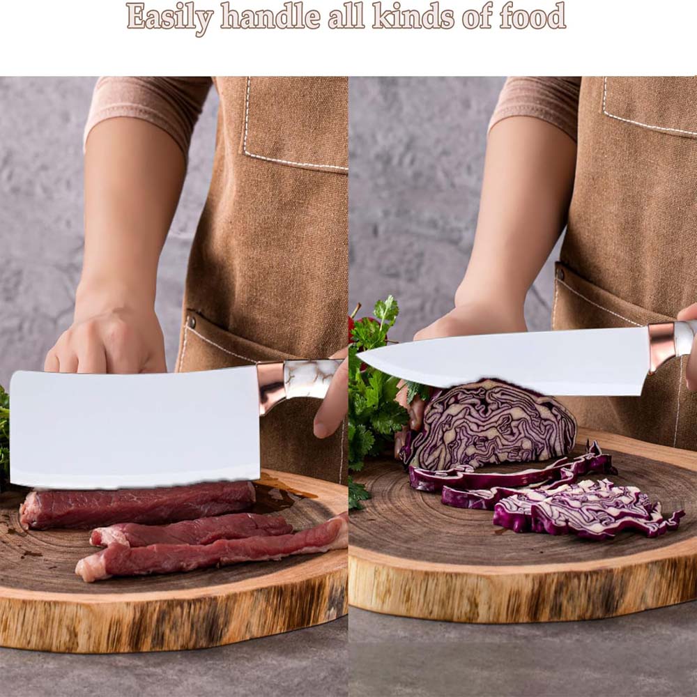 9-Piece White Kitchen Knife Set Ultra-sharp non-stick blades with cracked handle design & acrylic stand. Perfect gift set. Image