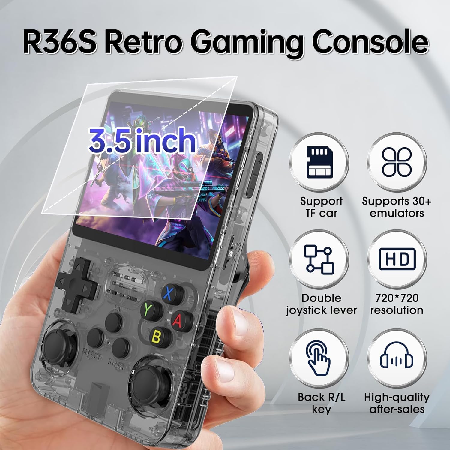 R36S Retro Handheld Game Console. 3.5" IPS, 64GB, 40,000+ classic games. Open-source ARKOS, 3500mAh battery for long play. Image
