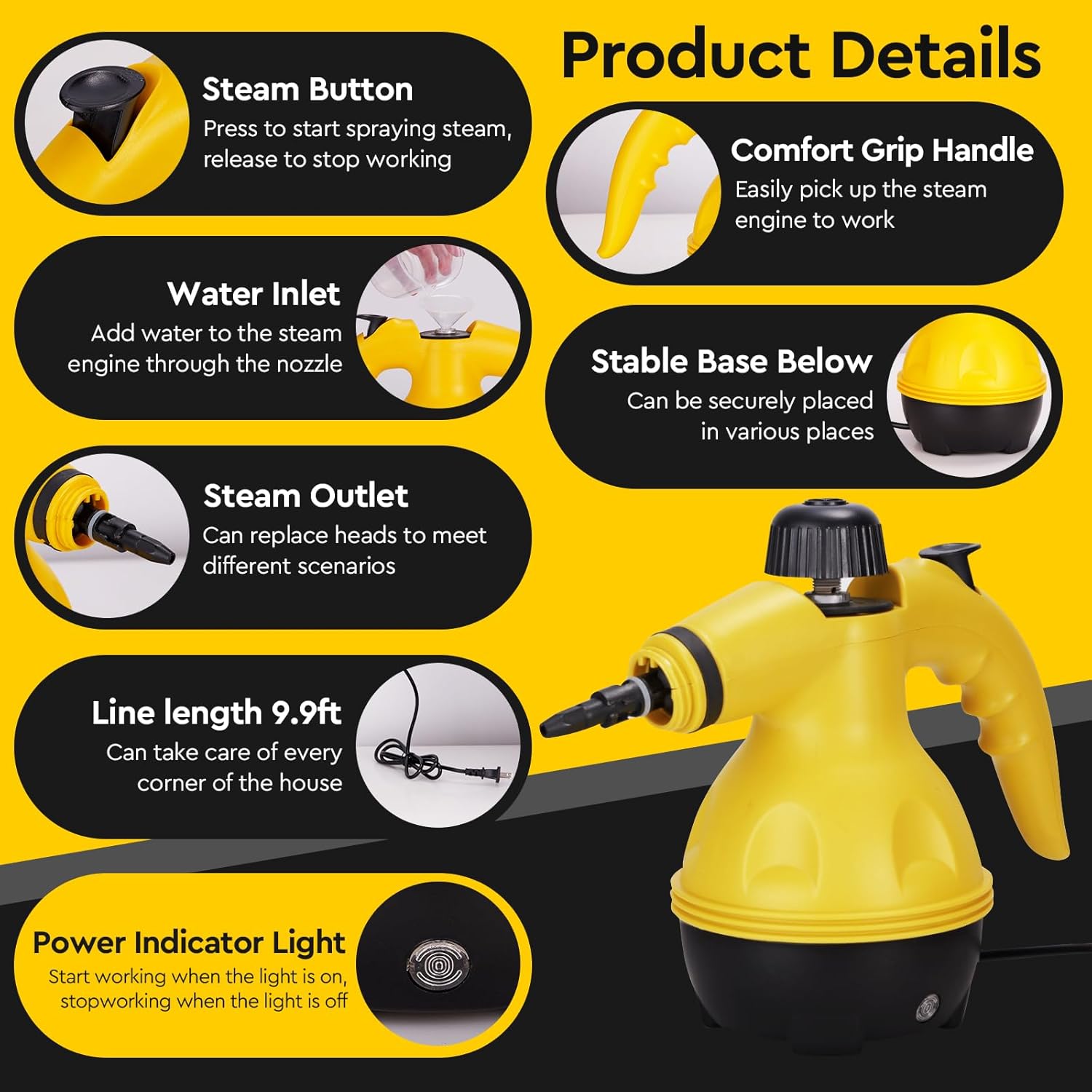 Powerful Pressurized Handheld Steam Cleaner - 9pc Kit for Multi-Surface Cleaning (Kitchen, Bathroom, Car, Windows, Grime Image