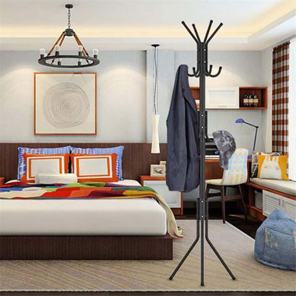 12-Hook Coat Rack Stand - Wrought Iron Clothing Hanger with Shelves, Freestanding Wardrobe Organizer for Bedroom/Entryway Image