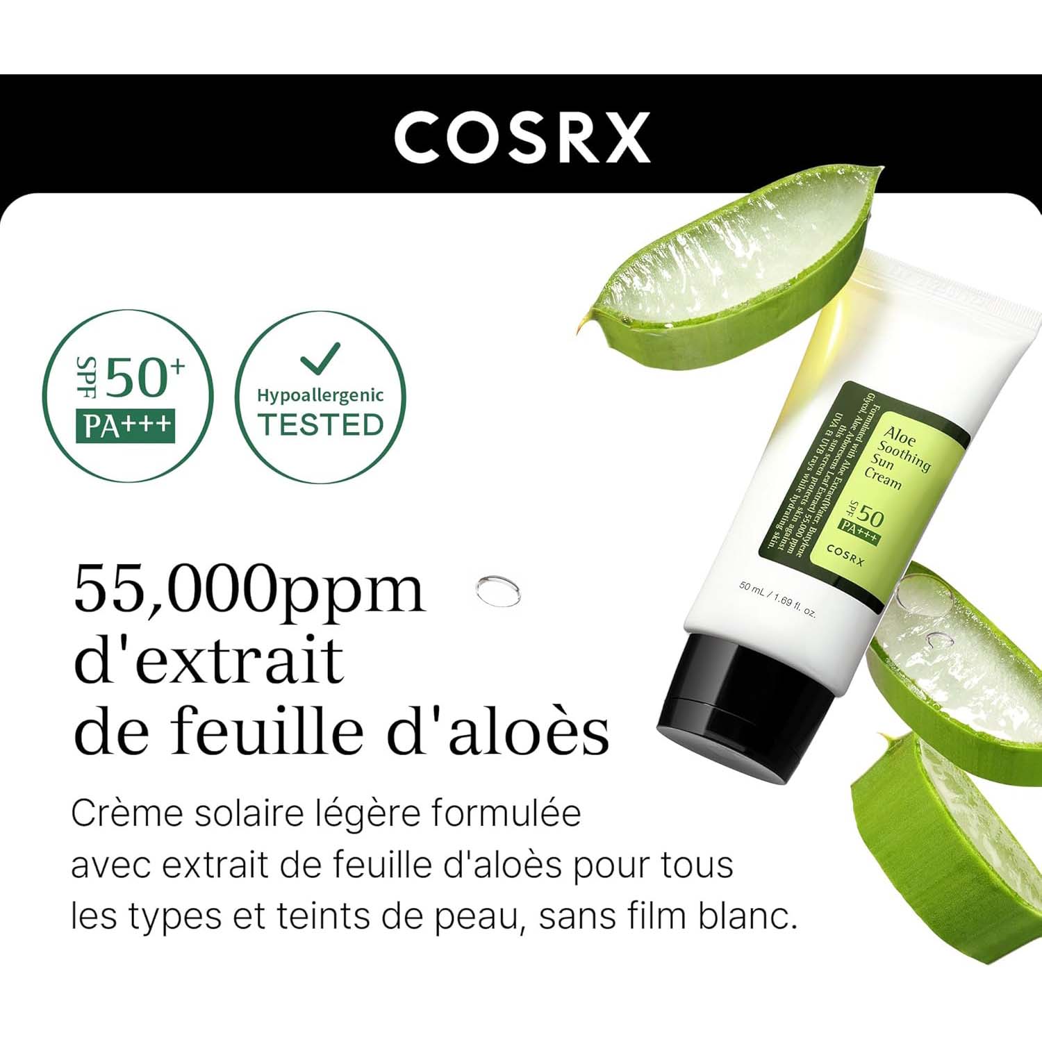 COSRX Aloe Soothing Sun Cream SPF50. Hydrating daily sunscreen for dry, sensitive skin. No white cast. UVA/UVB protection. Image