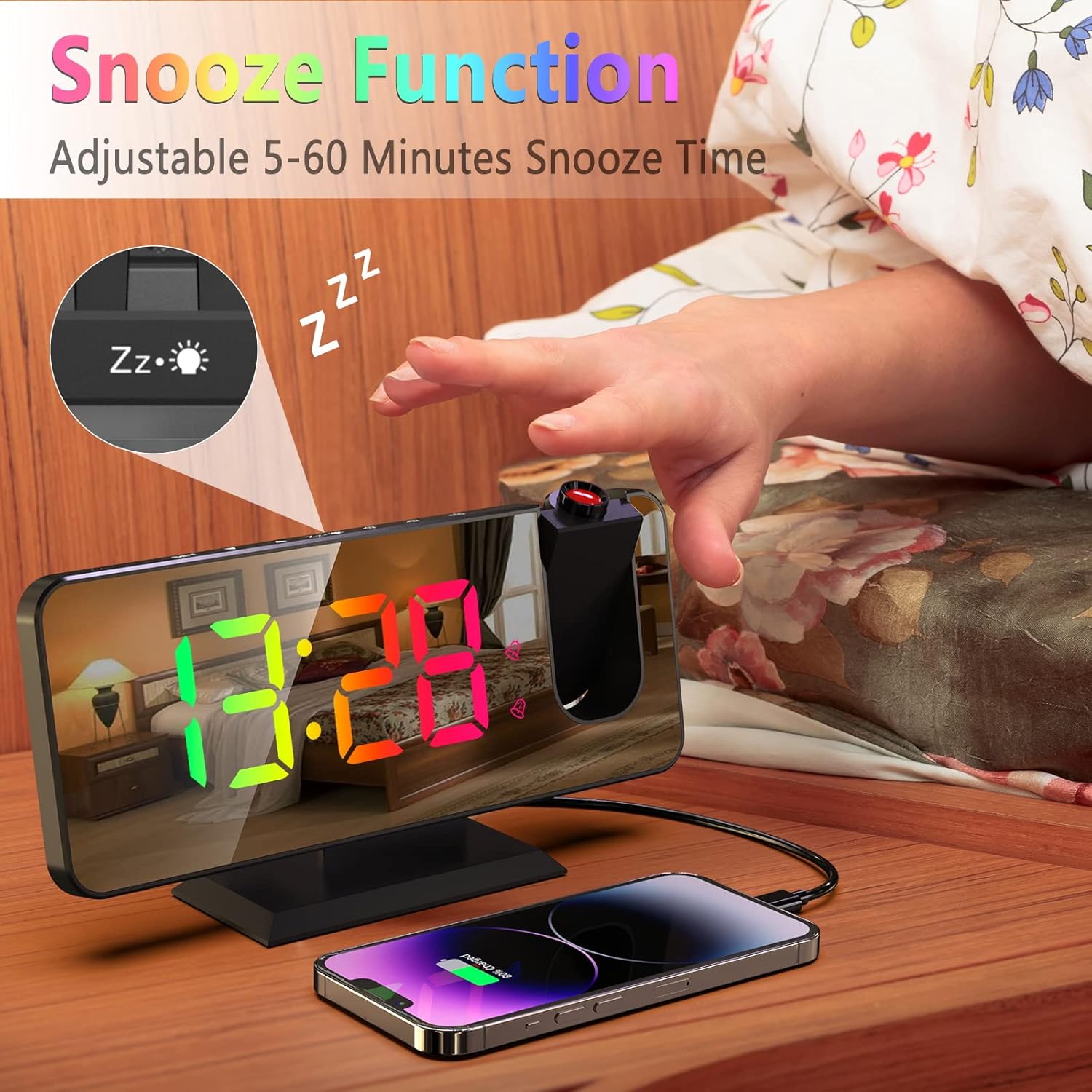 Projection Alarm Clock - 180° Rotatable Ceiling Projector, RGB LED Display, Dual Alarm & 5-Level Dimmer (Black) Image