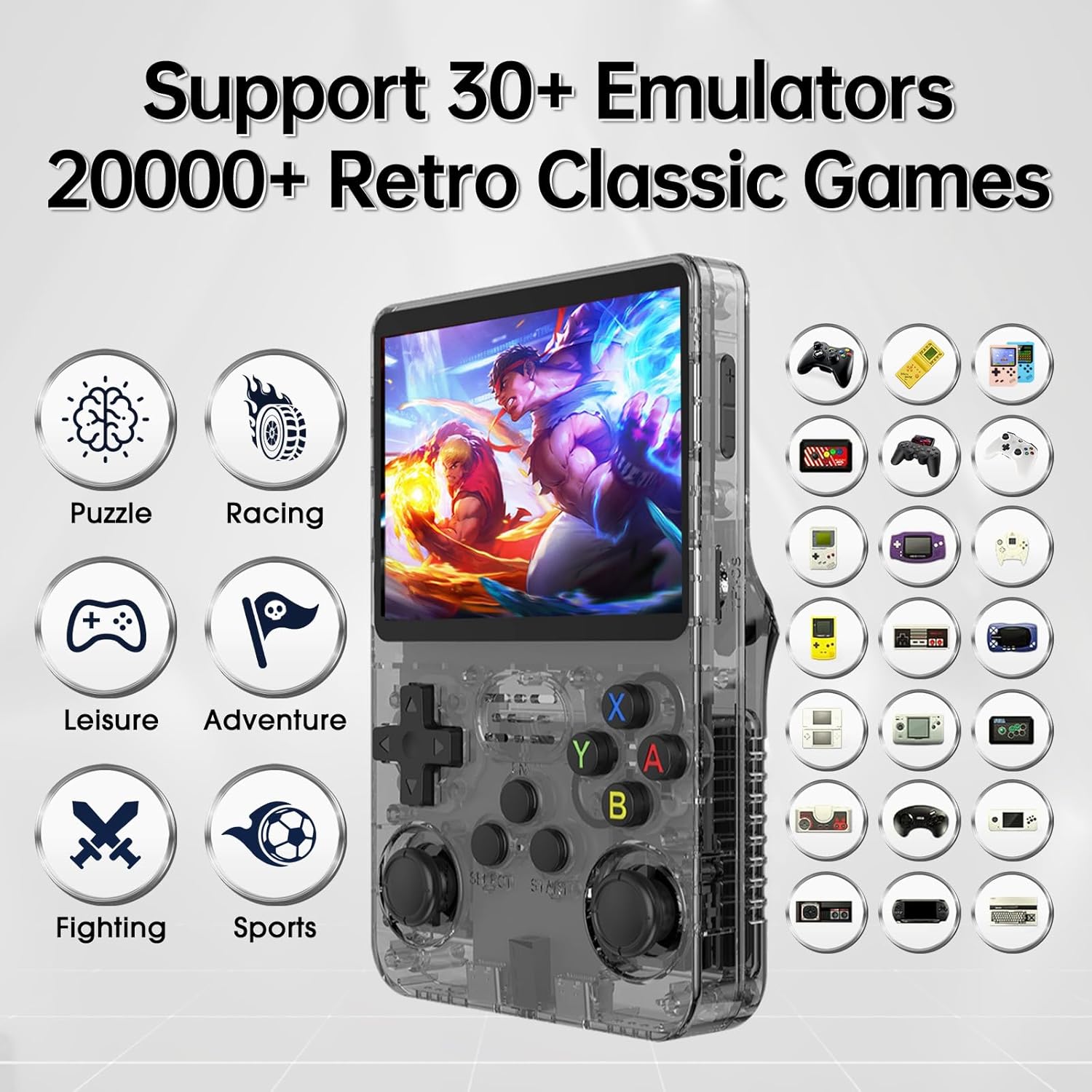 R36S Retro Handheld Game Console. 3.5" IPS, 64GB, 40,000+ classic games. Open-source ARKOS, 3500mAh battery for long play. Image