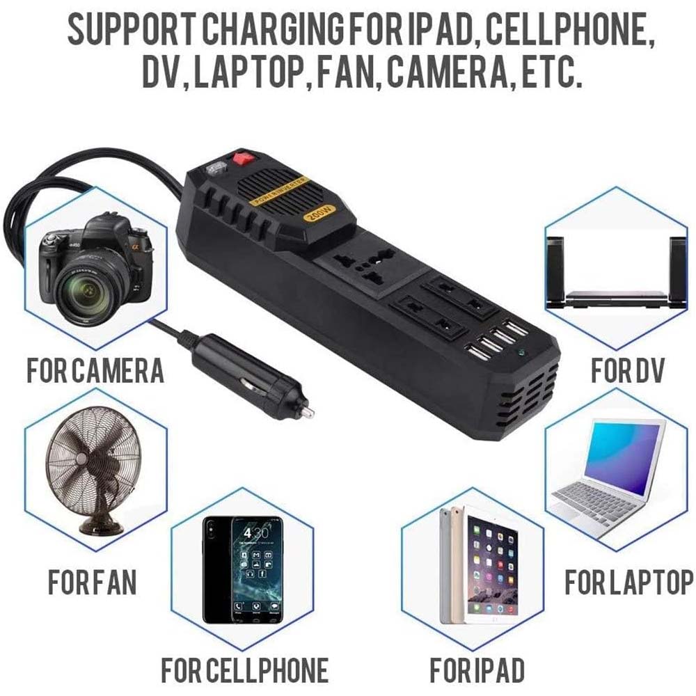 200W Car Power Inverter - DC 12V to AC 220V Converter with 2 AC Outlets, 4 USB Ports & Cigarette Lighter Socket Image