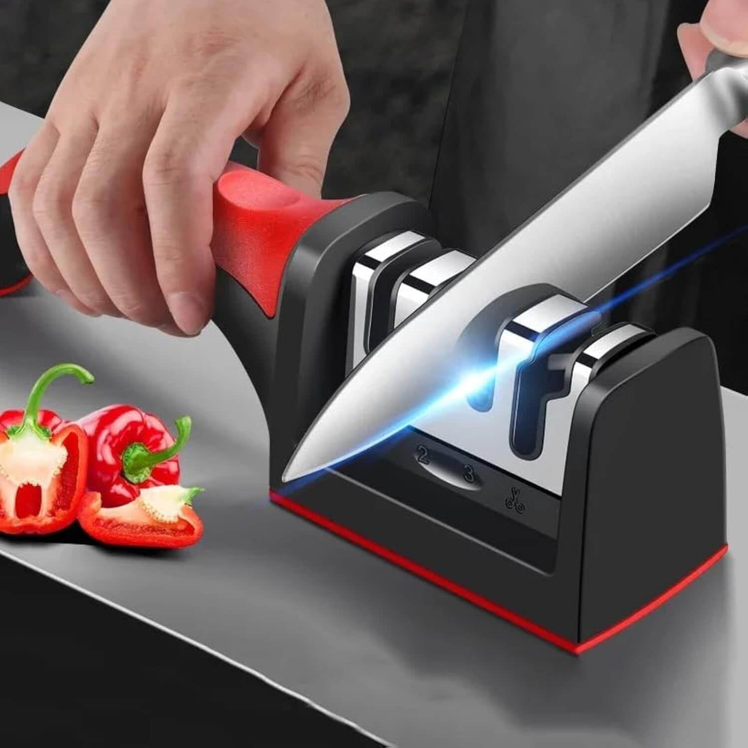 Compact Pull-Through Kitchen Knife Sharpener | Ideal for Chef, Scissors, Paring, & Serrated Knives | Efficient Blade Sharpening Tool for Home Kitchens Image