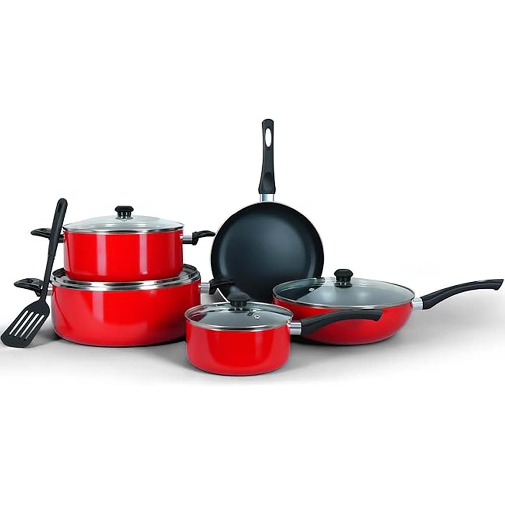 10-Piece Nonstick Cookware Set - 10X Tougher Coating, Heat-Resistant Handles, Glass Lids, Frypan, Wokpan, Nylon Turner Image