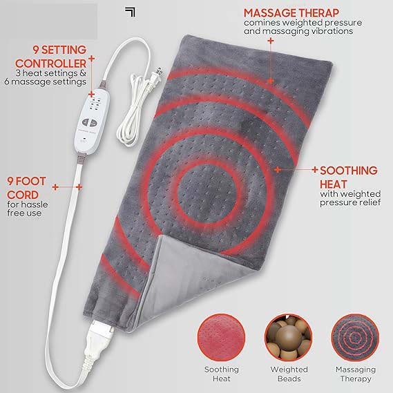 Heat Massaging Weighted Heating Pad by Sharper Image – Electric Heating Pad with Massaging Vibrations, 6 Settings Image