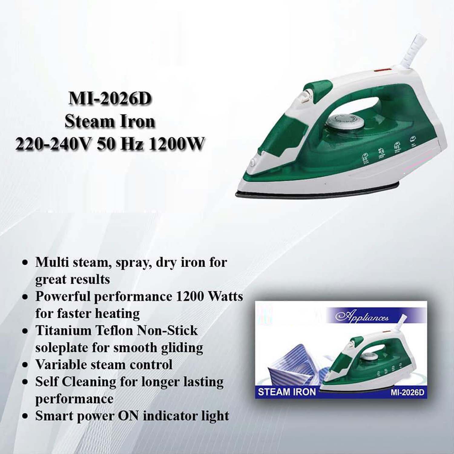 MI-2026D Steam Iron - 1200W Powerful Steamer with Spray Function & Extra Large Water Tank Image
