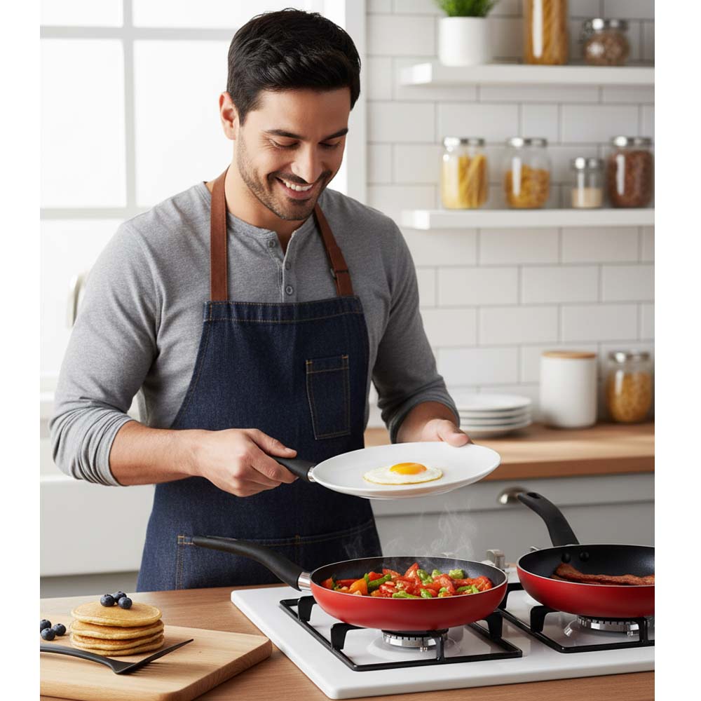 OE-017 4-Piece Red Non-Stick Frying Pan Set. 3 aluminum pans & spatula in 20cm, 24cm, 26cm. Dishwasher-safe. Image