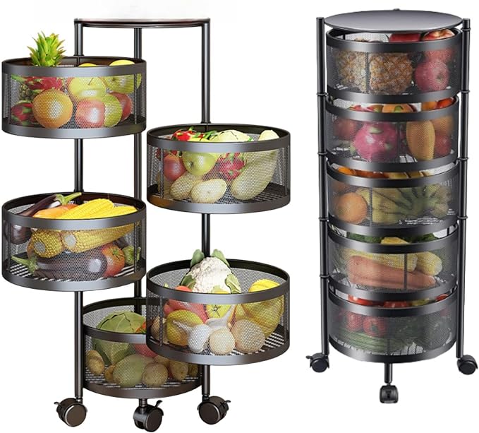 5-Tier Kitchen Storage Shelf - Rotatable Fruit & Vegetable Basket with 360° Swivel Wheels | Circular Rotating Storage Rack for Kitchen, Pantry, Bathroom, and More | Large Capacity Metal Organizer for Snacks, Spices, and Produce Image