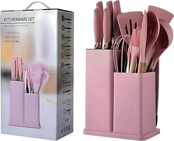 19-Piece Silicone Cooking Utensils & Knife Set with Block | Includes 11 Silicone Utensils, 5 Stainless Steel Knives, Scissors, Cutting Board | Pink Image