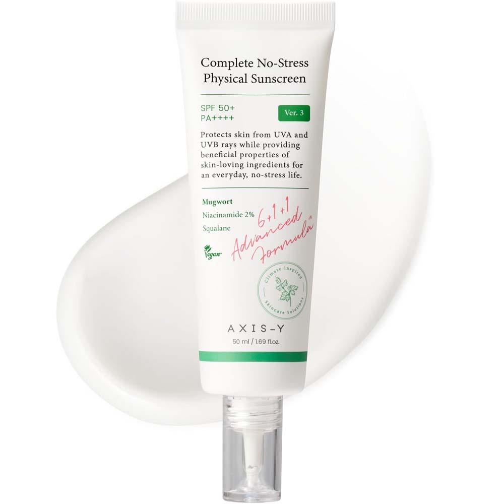 AXIS-Y No-Stress Physical Sunscreen V3. SPF 50 mineral sunblock with Niacinamide for sensitive, acne-prone skin. Vegan Korean skincare. Image