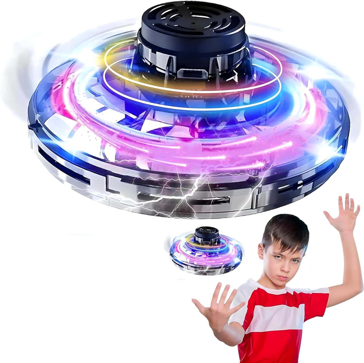 UFO Hand Controlled Mini Drone LED flying fidget spinner with 360° rotation. USB rechargeable toy for boys & girls. Image