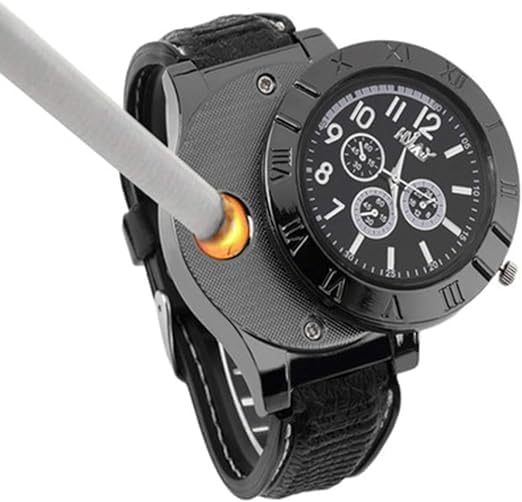 Men's Casual Sports Silicone Quartz Watch with Built-in Electronic Lighter – Waterproof USB Charging, Black Image