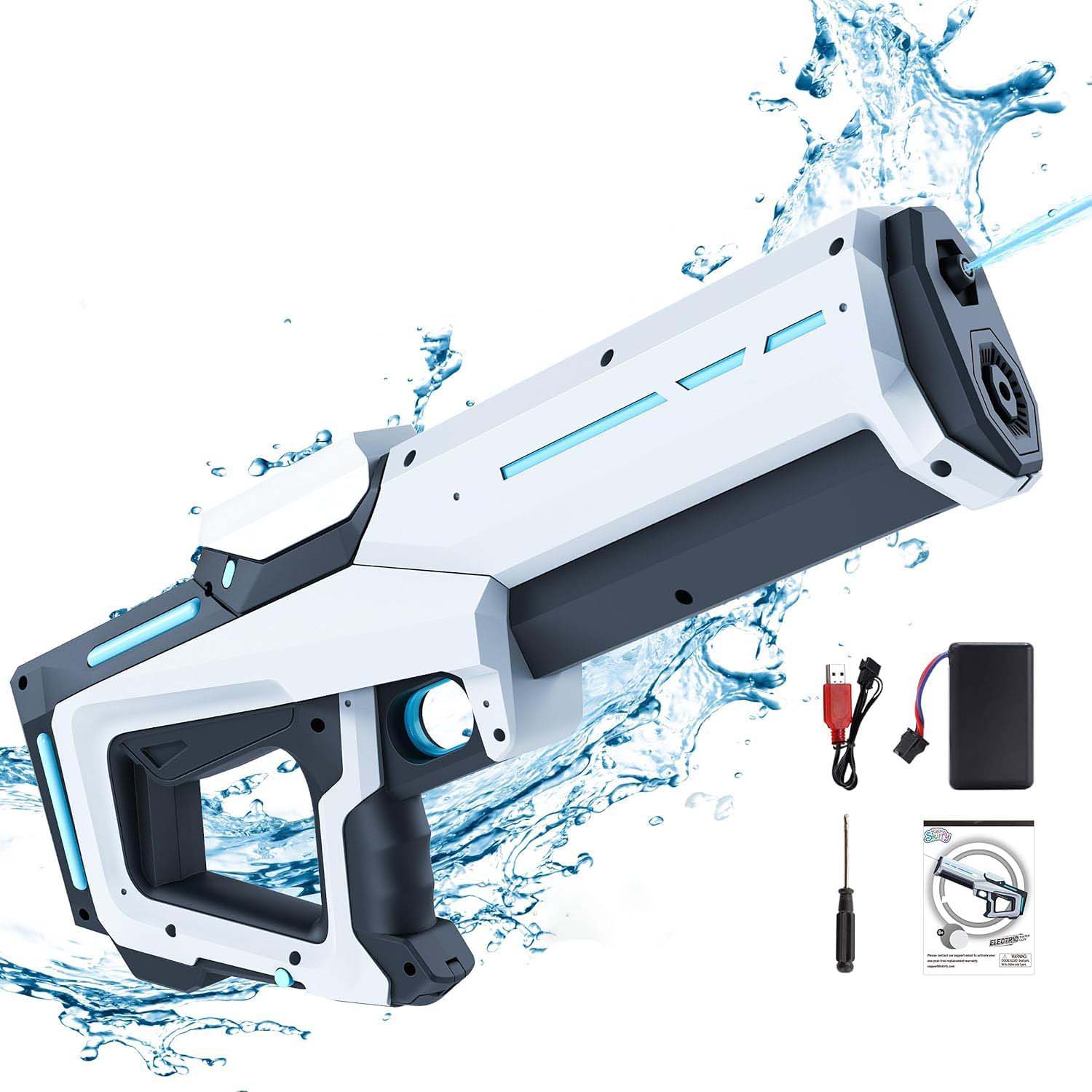 Electric Water Gun with Automatic Suction. 25-32ft range waterproof toy for adults & kids. Summer pool beach party fun. Image