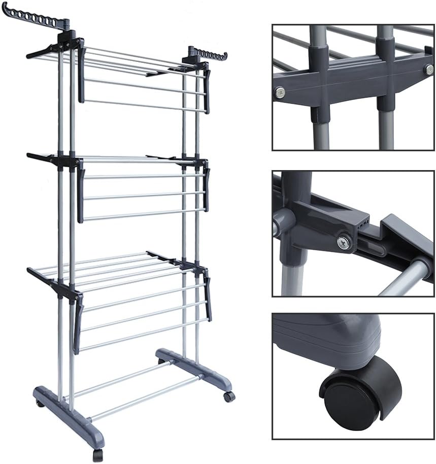 Foldable Rolling Laundry Drying Rack with Adjustable Shelves | Heavy-Duty Stainless Steel Rods | Compact Storage | 4-Tier Adjustable Height & Portable Design Image