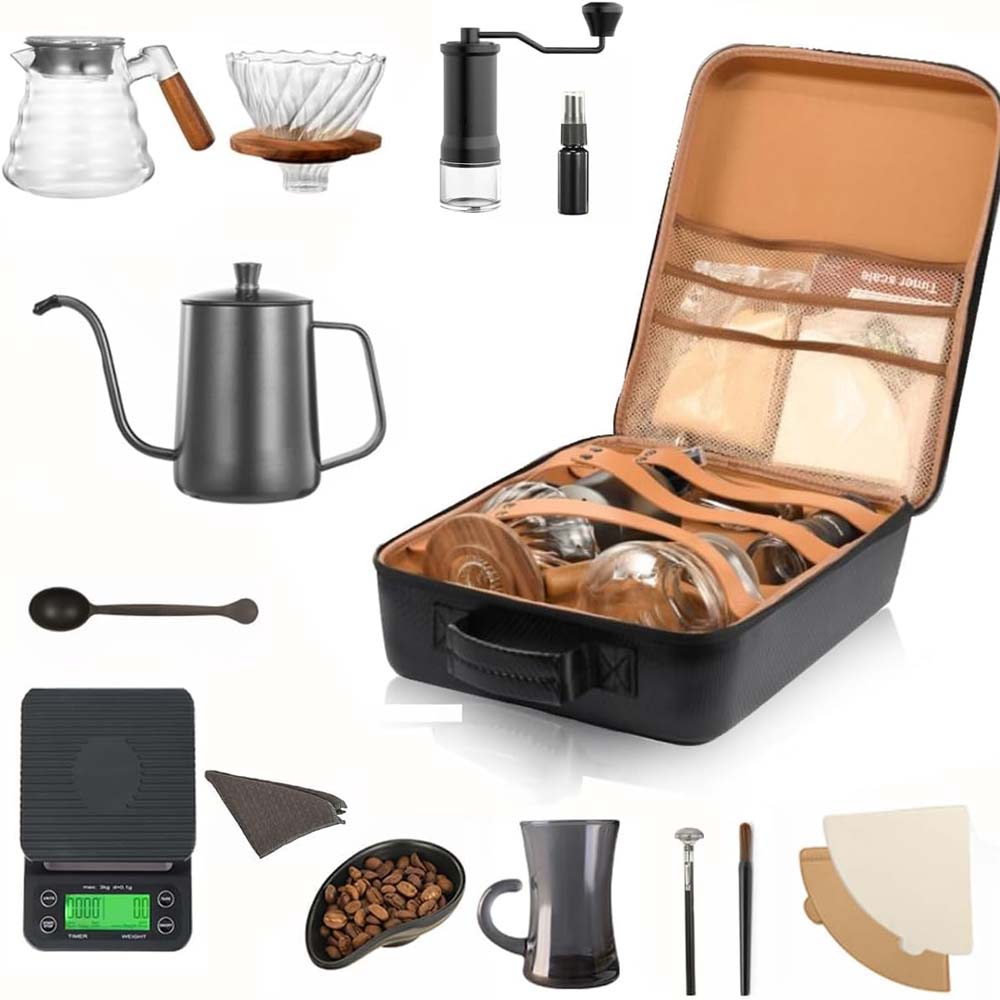 DX-2573 12-PC Pour Over Coffee Kit - Complete Set with Wooden Dripper & Travel Bag, Perfect Gift for Coffee Lovers Image