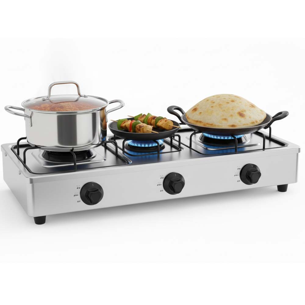 OE-444 3-Burner Gas Stove. Stainless steel enamel body with auto ignition for efficient, powerful triple-burner cooking. Image