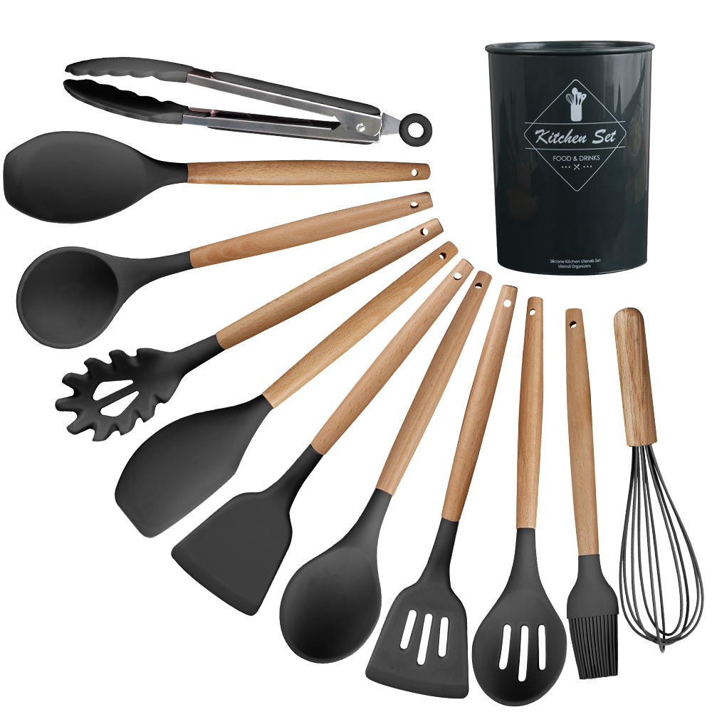 12-Piece Silicone Kitchen Set - Wooden Handles, Scratch-Resistant Baking Tools in Nylon Case, Perfect Home Kitchenware Image