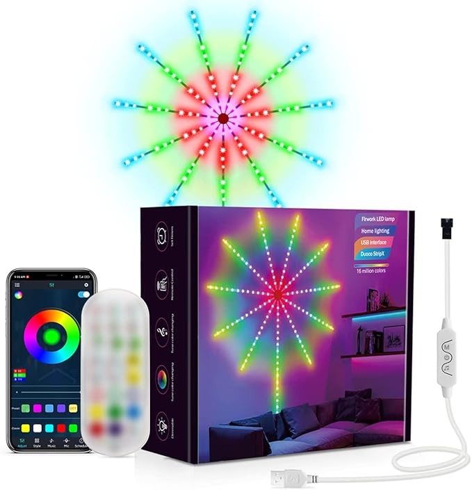 Smart Firework| USB Powered Room Decor | Color Changing Fireworks LED with Launch Burst Effect & RGB Strip Lights for Bedroom | Remote & App Control Image